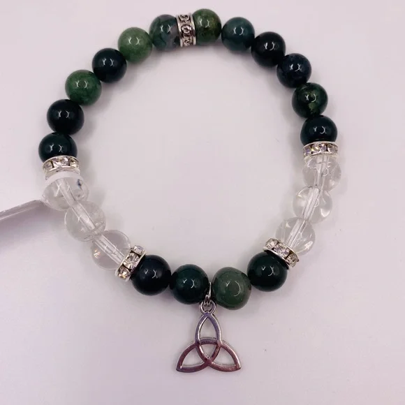 Celtic bracelet with green moss agate and clear quartz. NWT - Picture 4 of 5